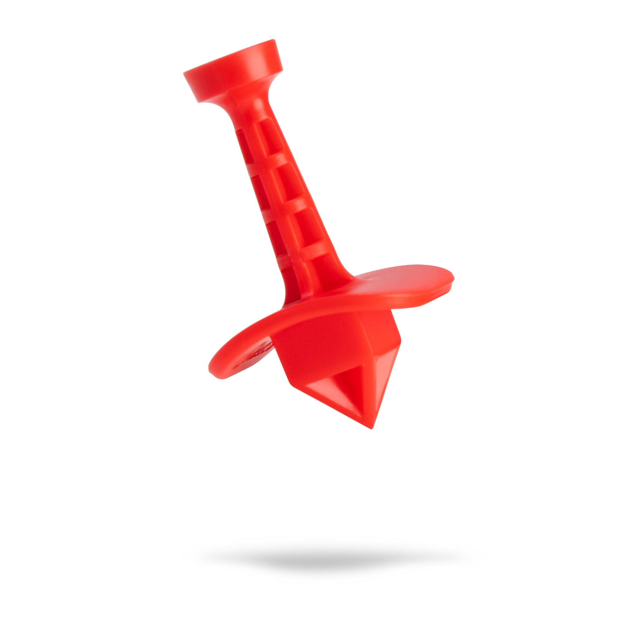 Red golf tee with a wide flat top and a pointed end, part of a three-pack set for improved golf ball placement.