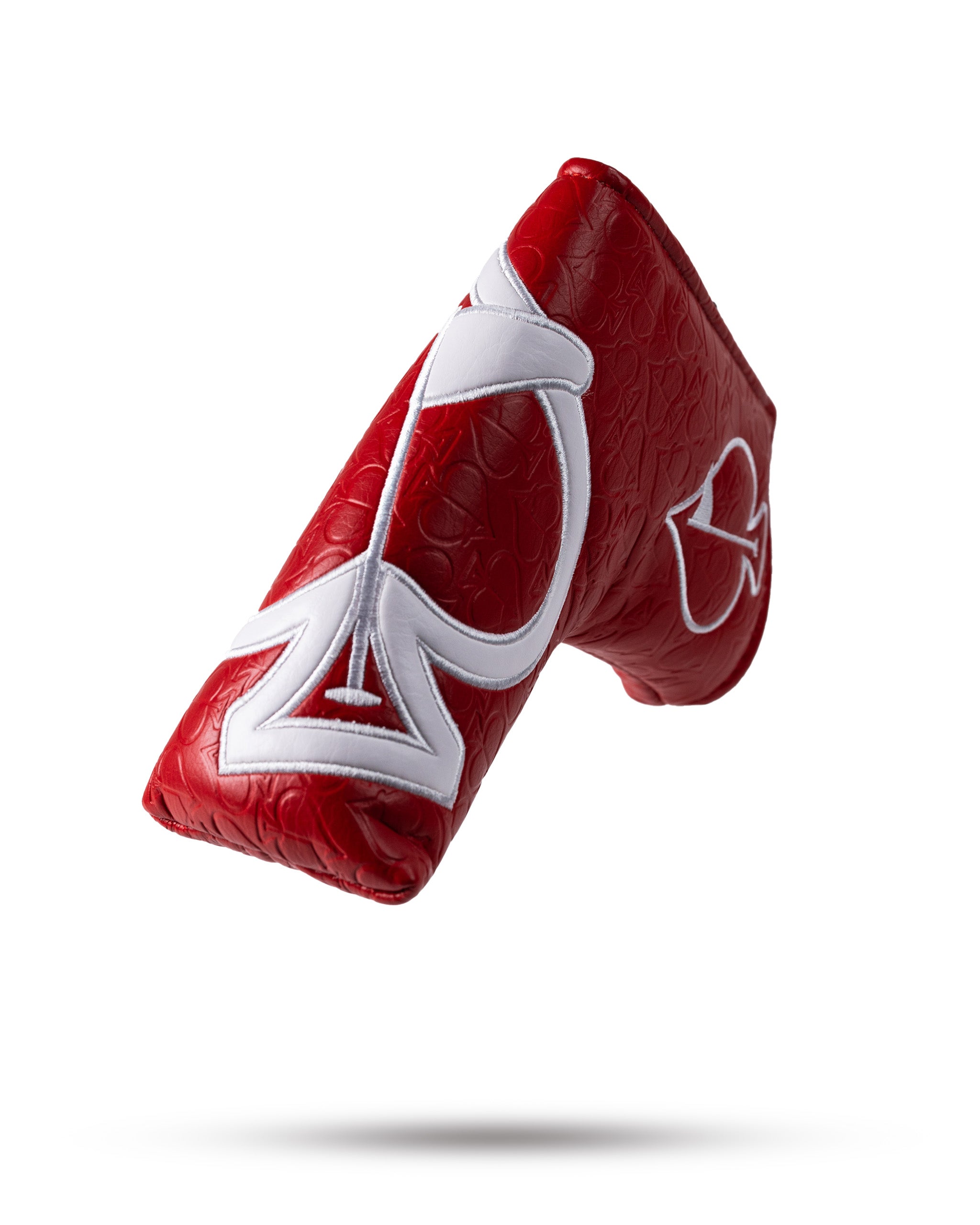 Red and white golf headcover with bold logo, textured pattern, and sporty design for standout style on the course.