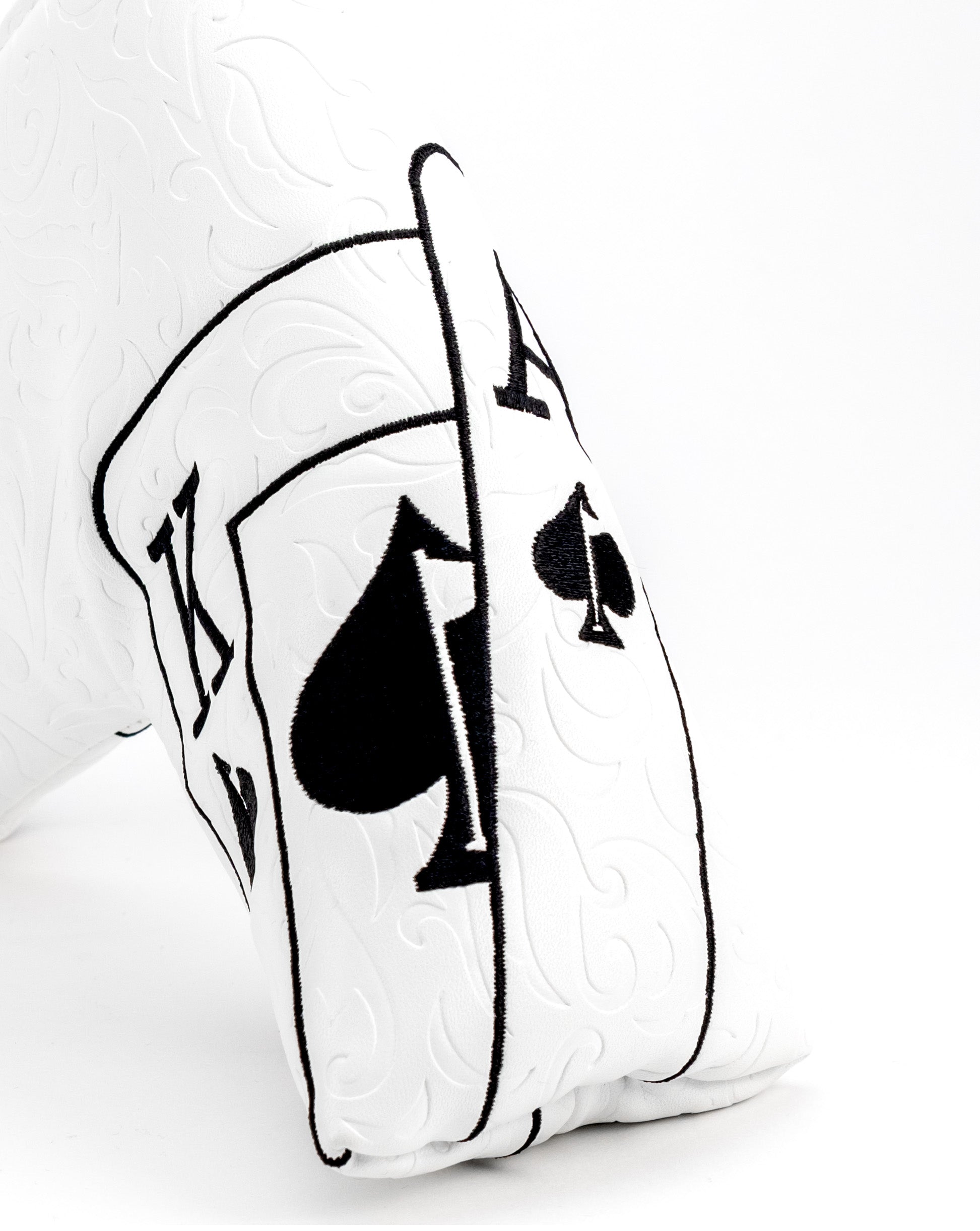 White Out Ace of Spades Blade Putter Cover featuring a sleek design with a spade logo, ideal for protecting golf putters.