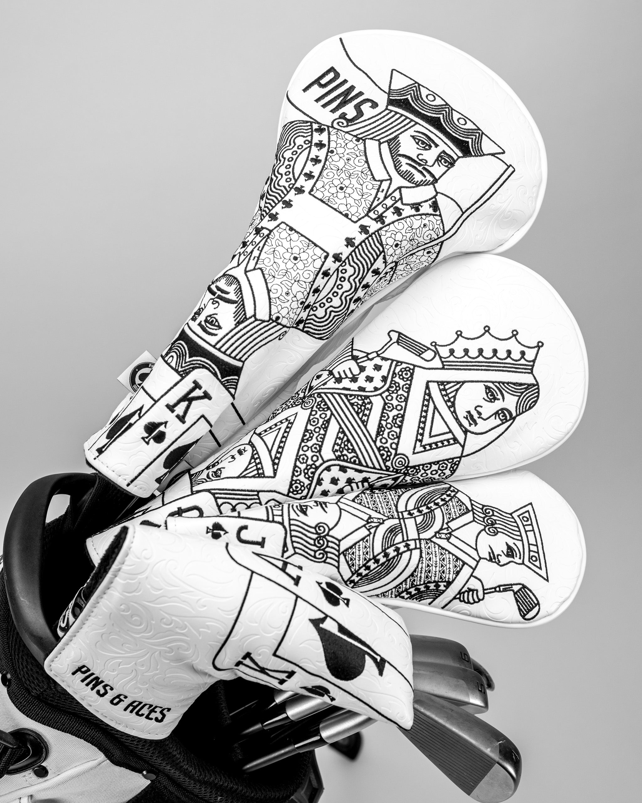 White Out Queen of Spades fairway cover featuring a sleek, modern design with a black and white color scheme.