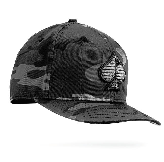 Black camouflage baseball cap with a spade patch logo, bold style for golfers who stand out on the course.