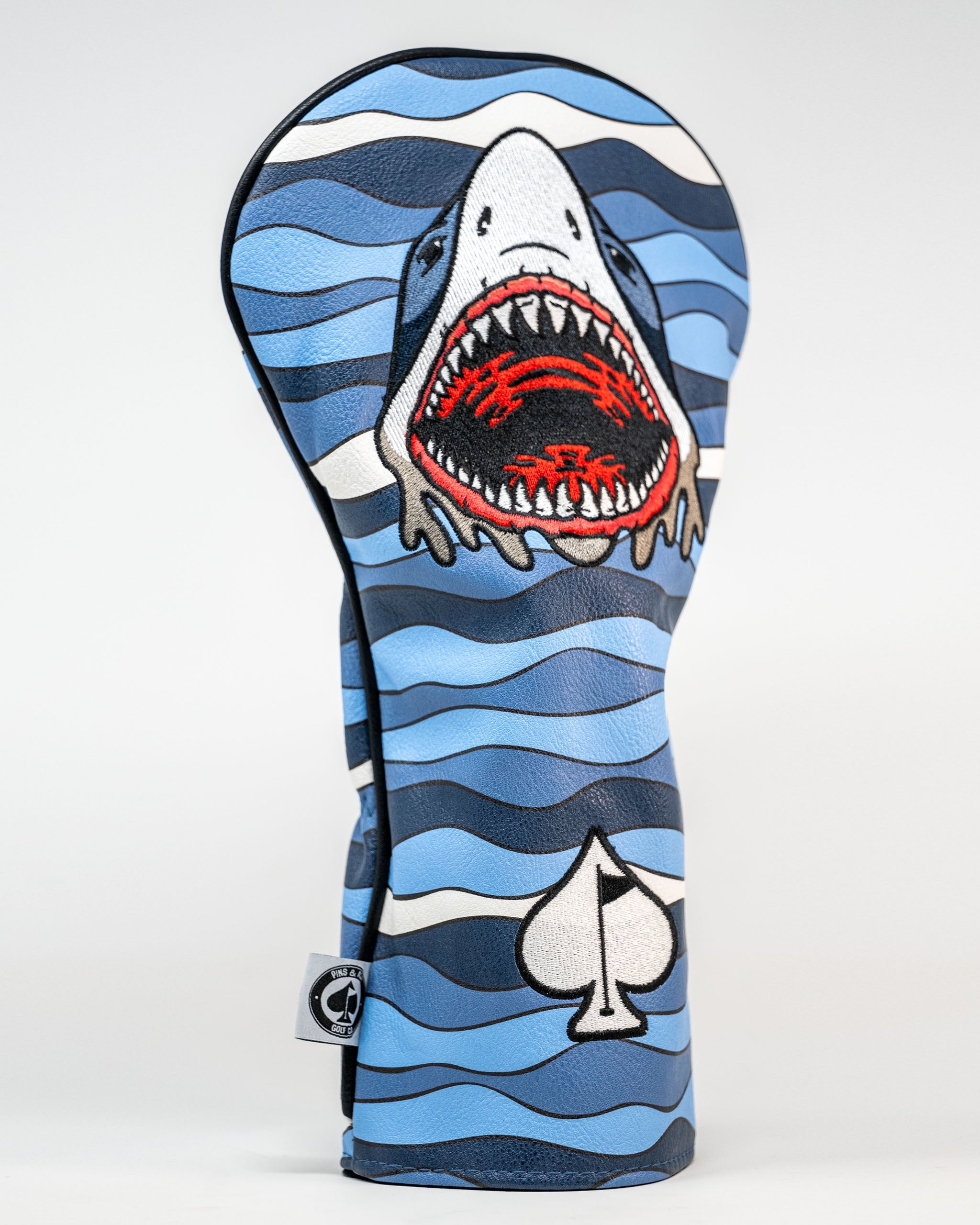 Shark Attack Driver Cover featuring a realistic shark design with vibrant colors and protective padding for golf clubs.
