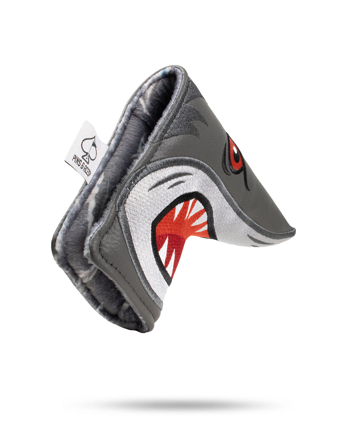 Hammerhead Blade Putter Cover featuring a shark design, made of durable material with vibrant colors and detailed stitching.