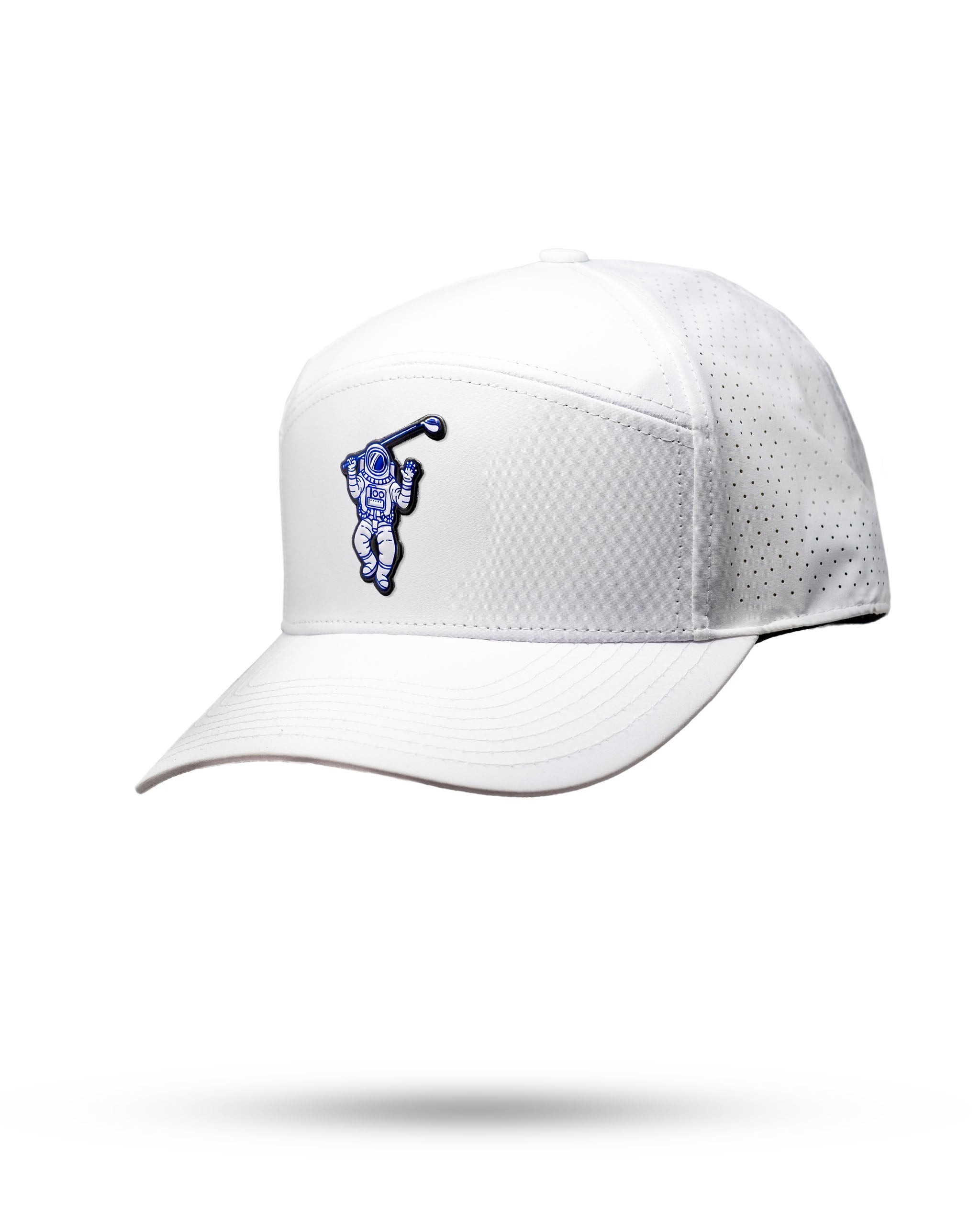 White Tradesman Hat featuring Space Golfer design, front view.