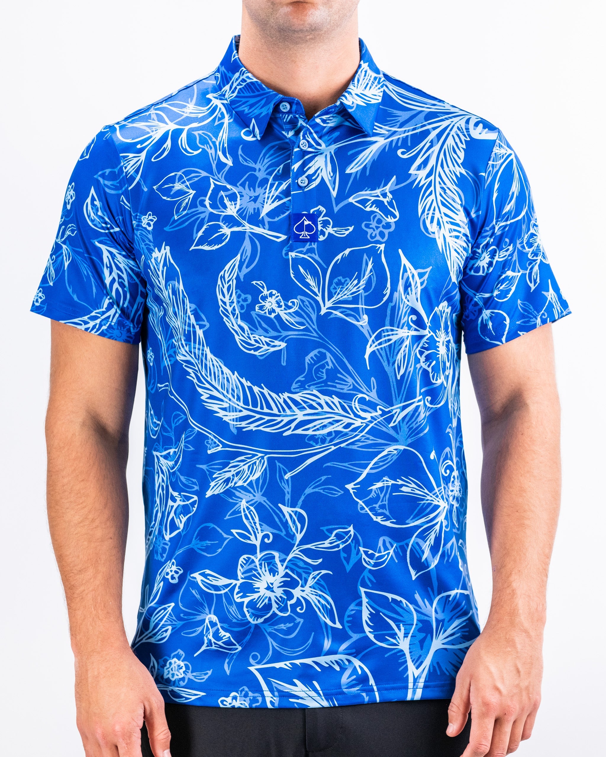 Men's Cabo Ocean short-sleeve shirt featuring a vibrant blue ocean wave pattern.