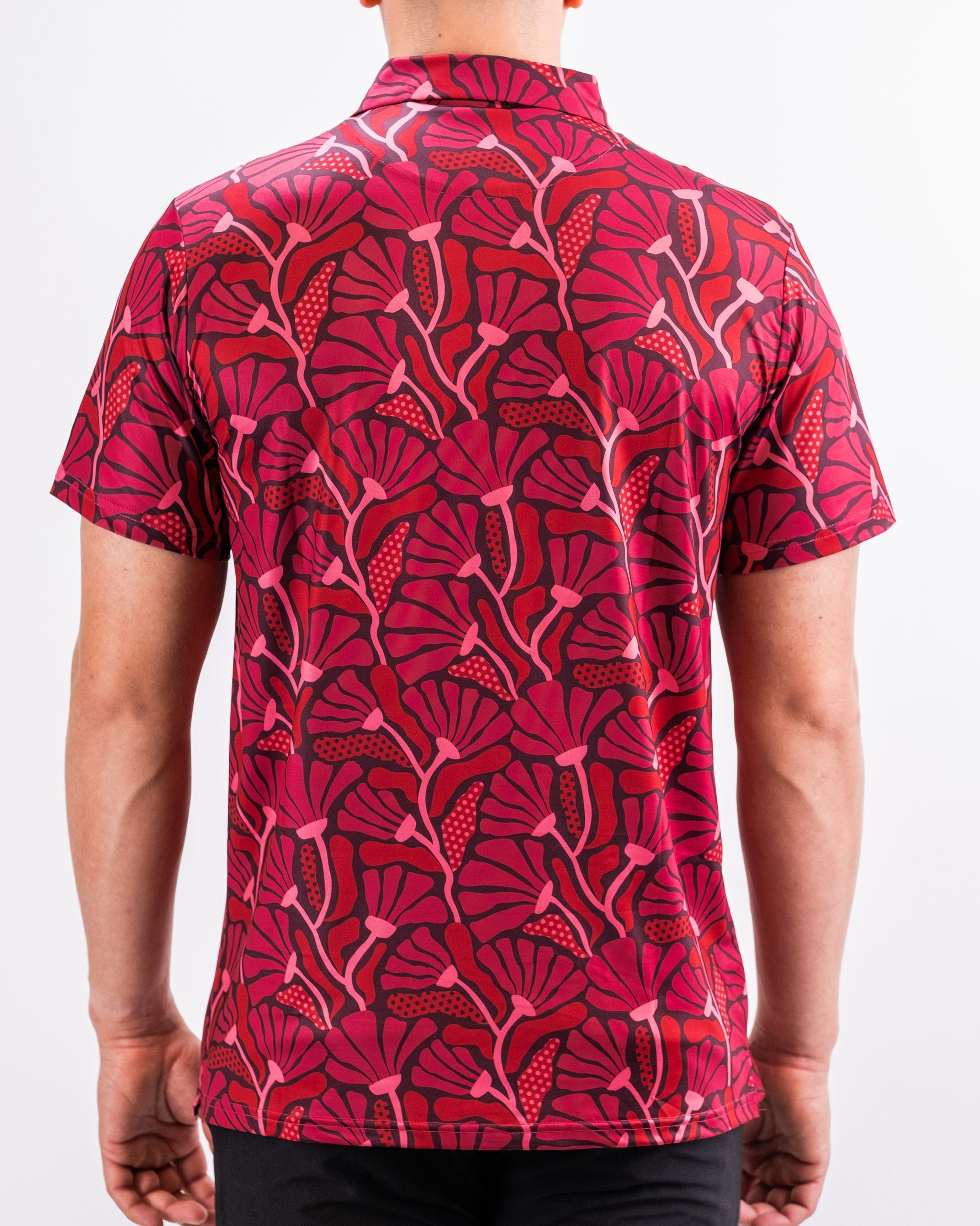 Men's garden party shirt in crimson bloom pattern with floral design.