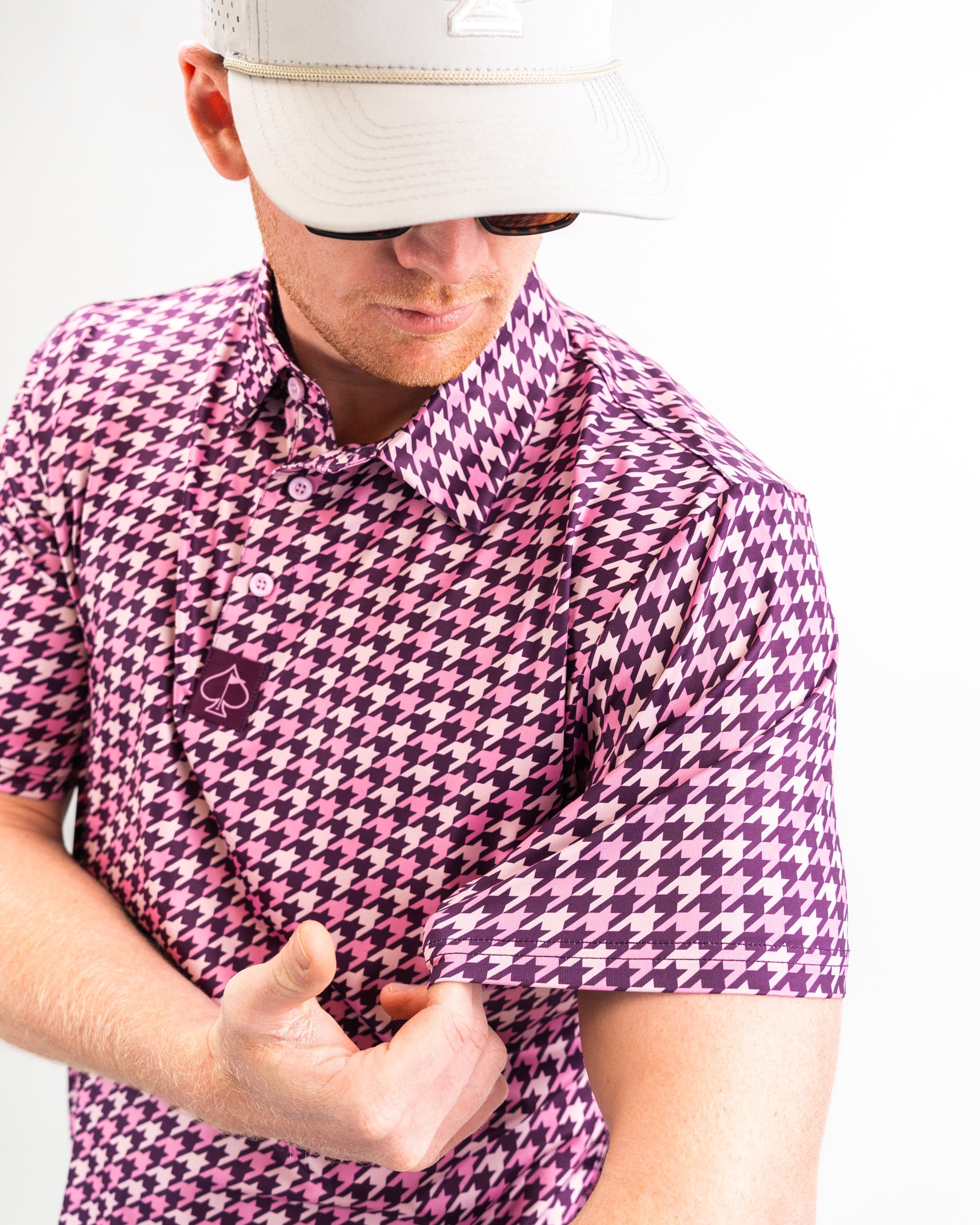 Men's houndstooth shirt in raspberry color with a classic collar and button-down front.