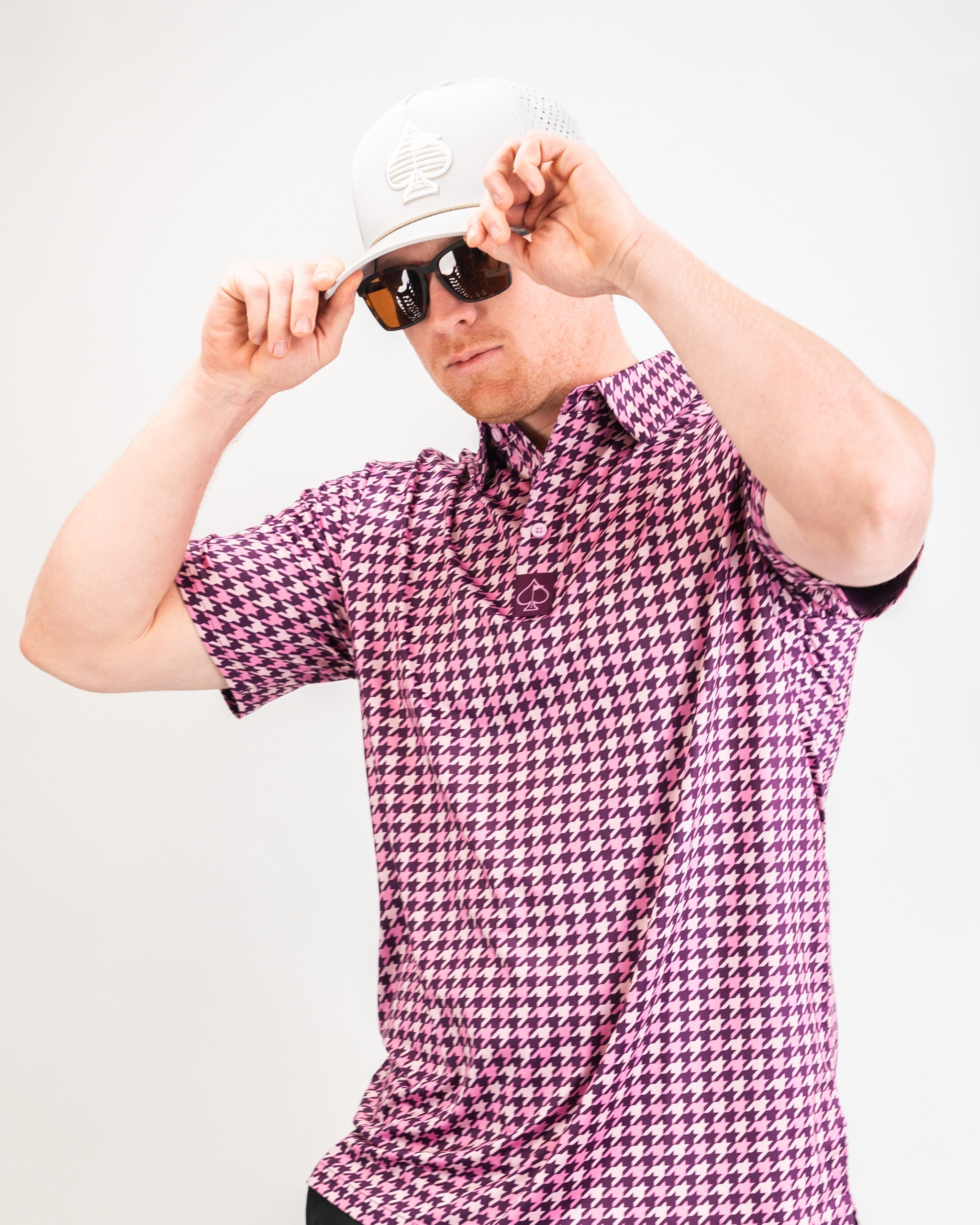 Houndstooth pattern shirt in raspberry color for men, featuring a stylish design and lightweight fabric.