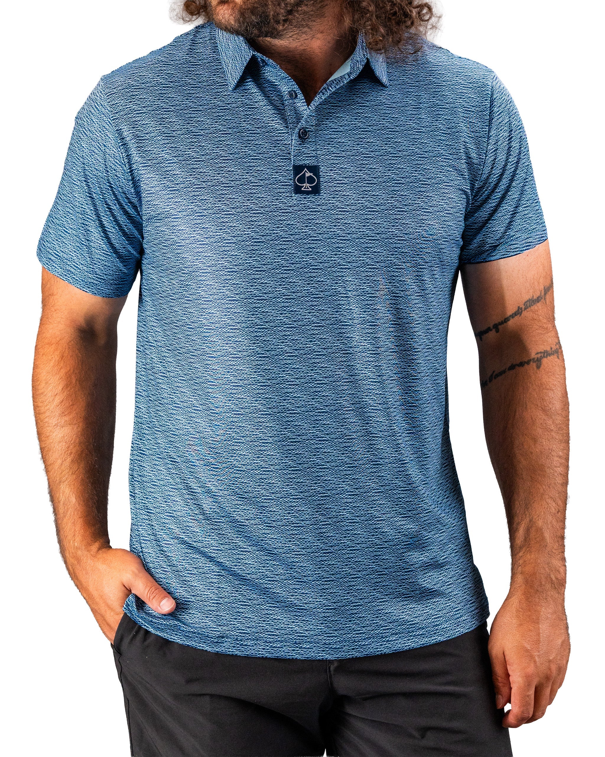 Men's blue polo shirt with a squiggle pattern, featuring a classic collar and a logo on the chest, perfect for golf.