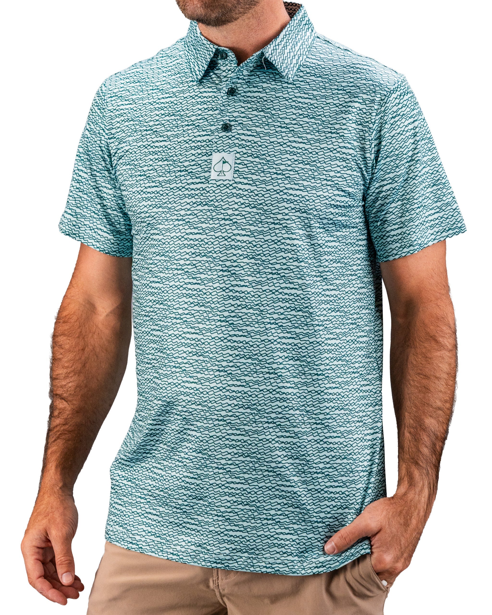 Men's teal golf polo shirt featuring a unique squiggle pattern, designed for style and comfort on the course.