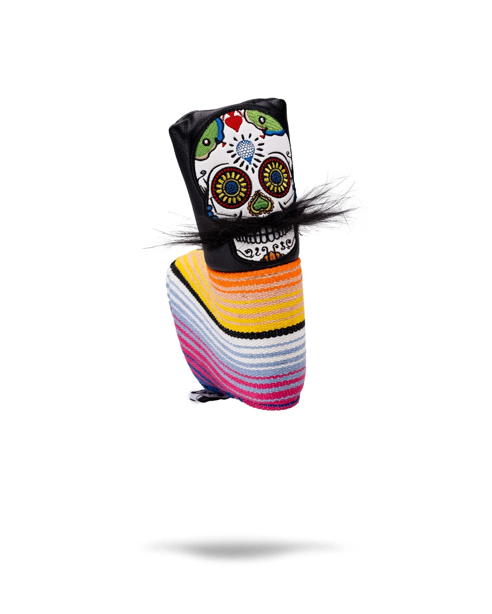 Black blade putter cover featuring a mustache sugar skull design.