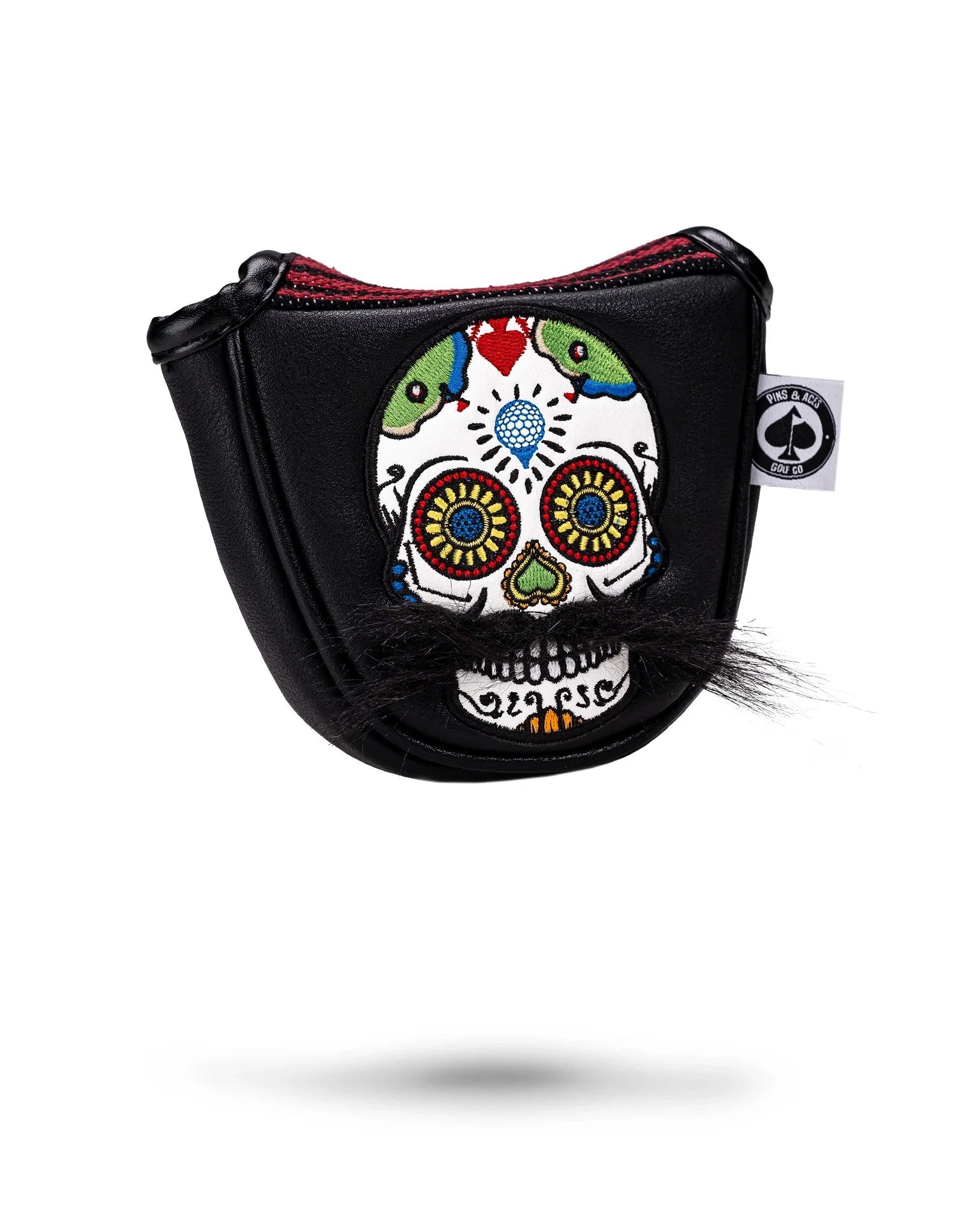 Black mallet putter cover featuring a mustache sugar skull design.