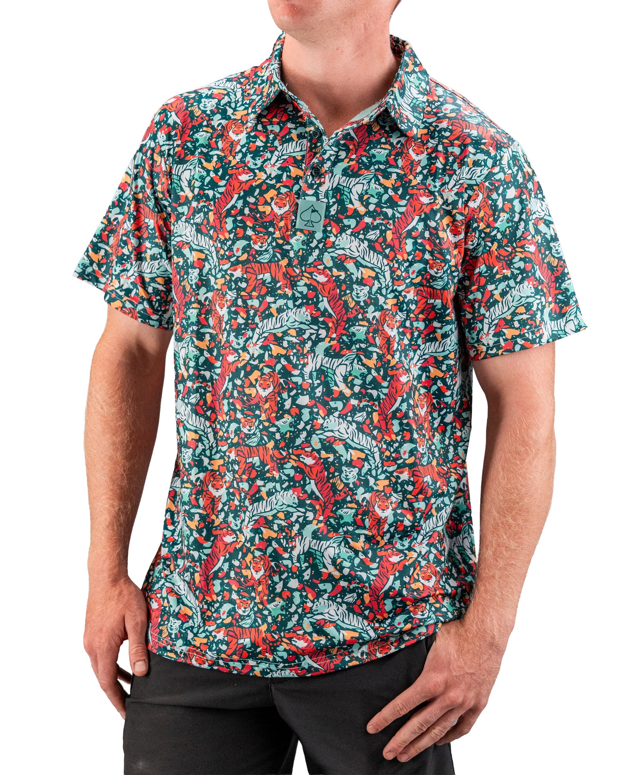 Bold teal golf shirt featuring a vibrant tiger and floral pattern, perfect for golfers looking to make a statement on the course.