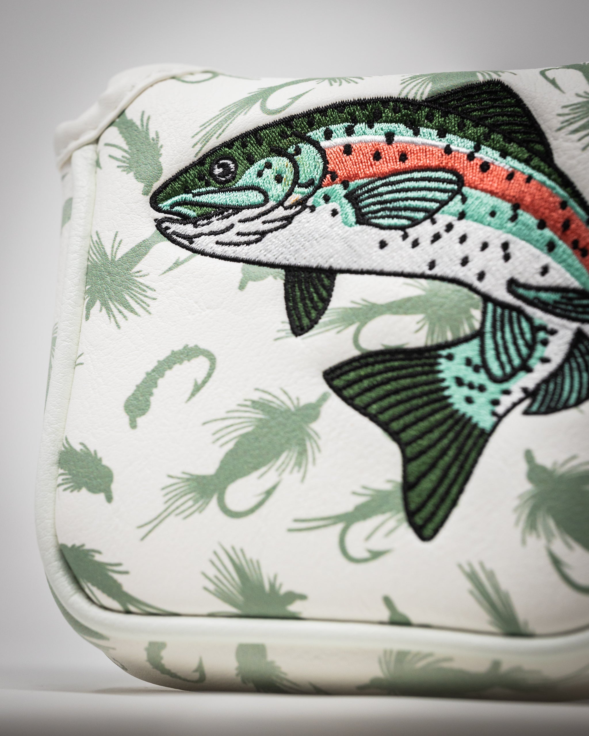 Trout Mallet Putter Cover featuring a realistic trout design in vibrant colors, ideal for protecting golf clubs.