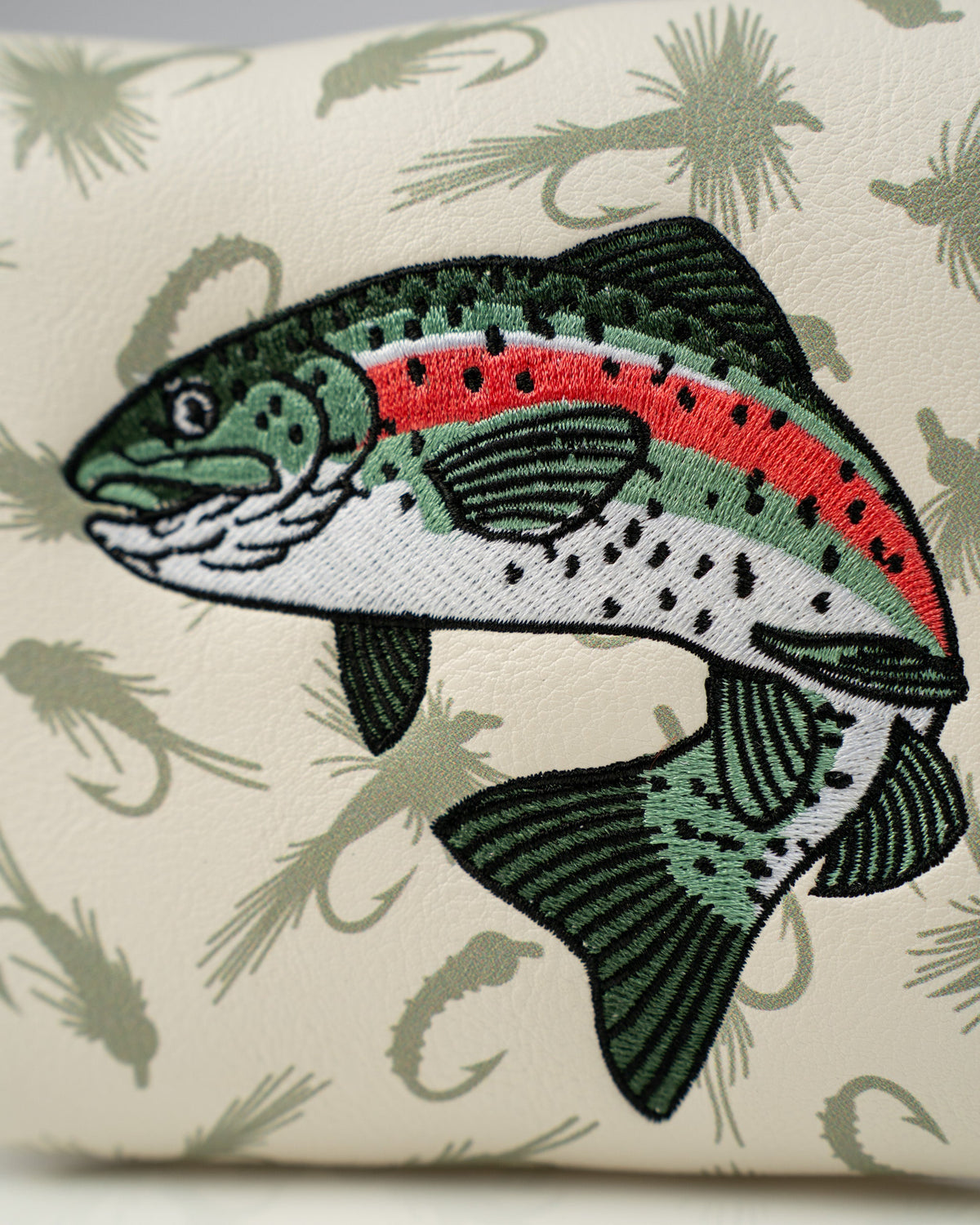 Trout-themed center shaft mallet putter cover with detailed embroidery on a light background featuring fish patterns.