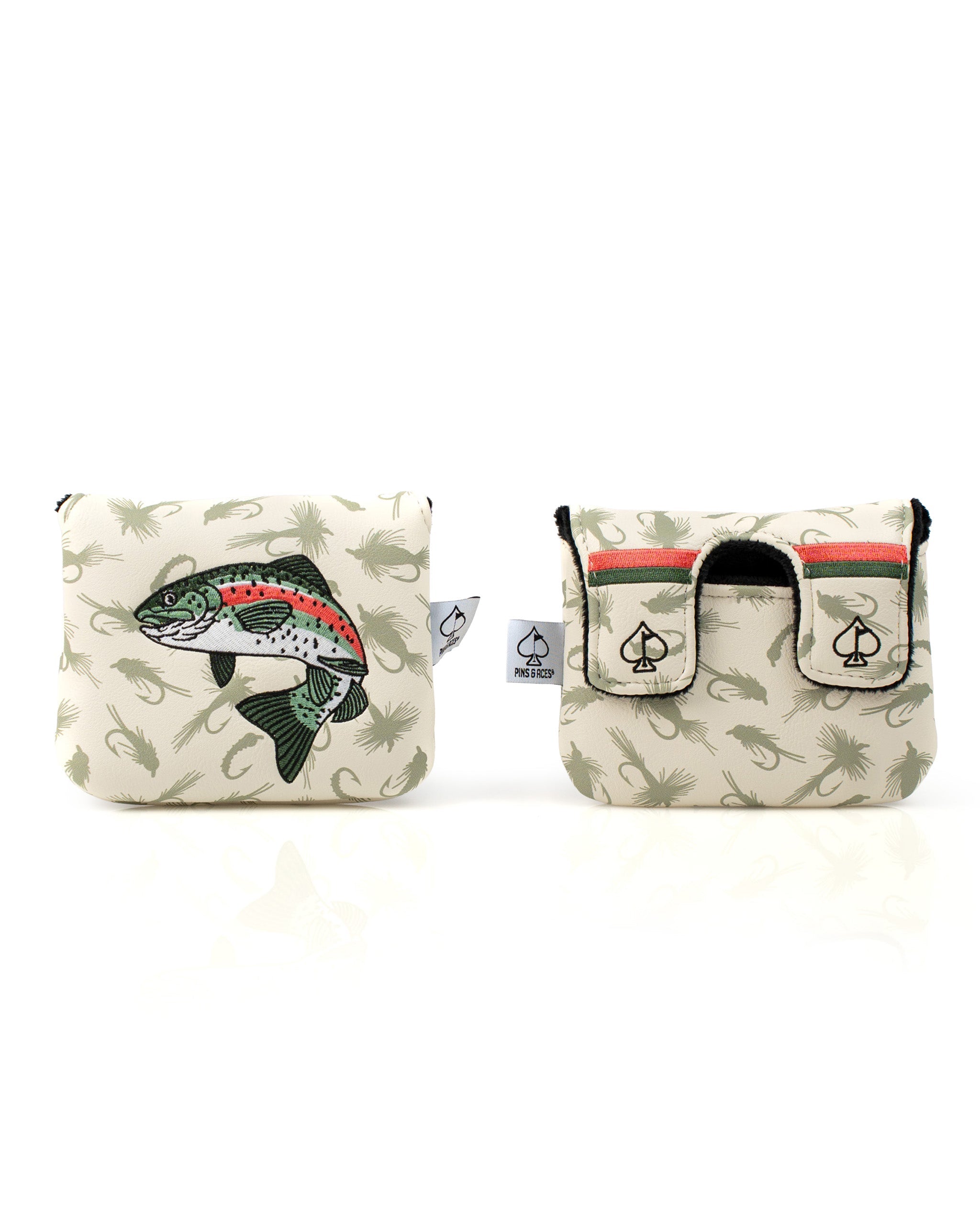 Trout-themed center shaft mallet putter cover featuring a detailed fish design and a secure closure for protection.