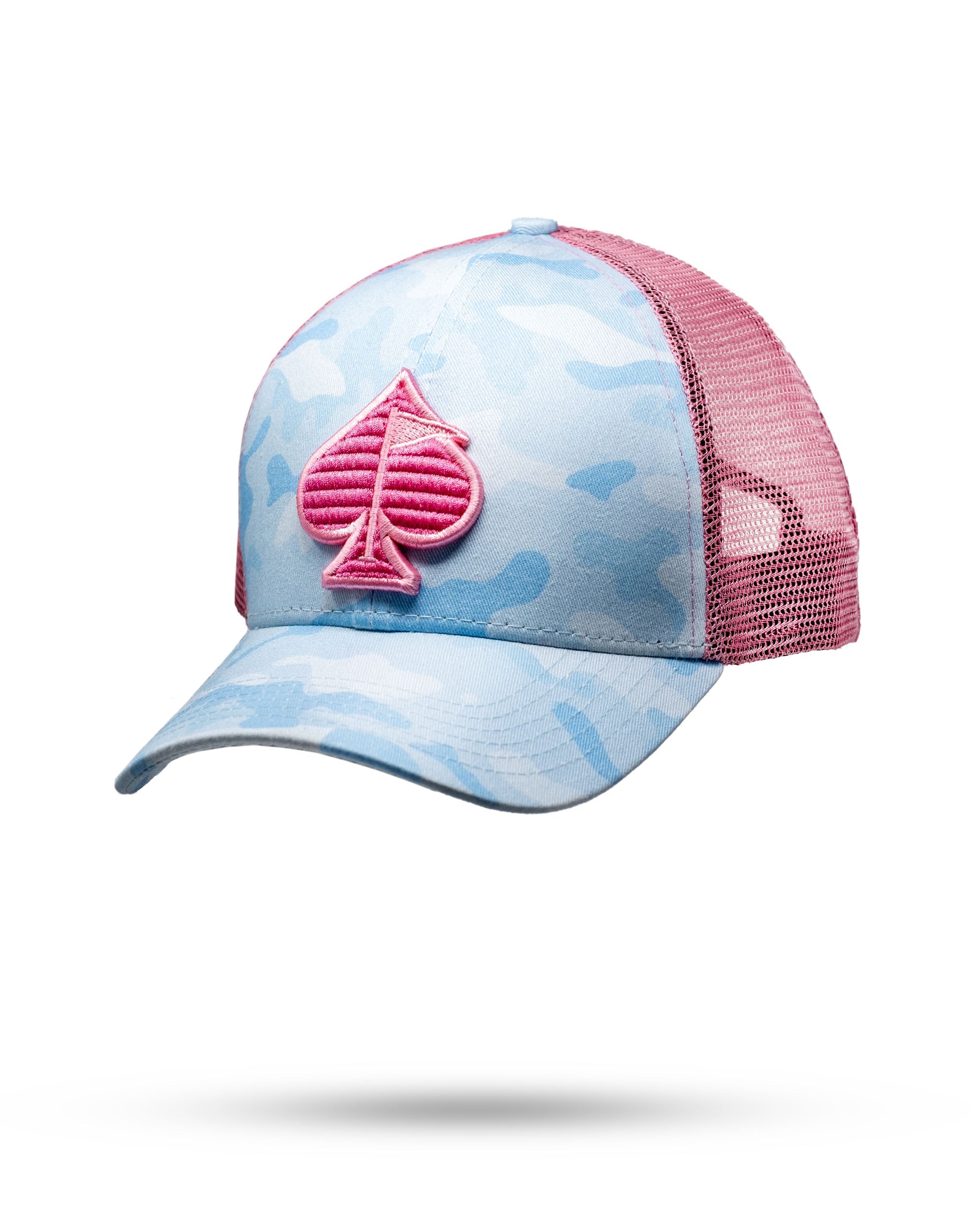 Cotton Candy Camo trucker hat featuring a blend of pastel pink and blue camouflage pattern with a breathable mesh back.