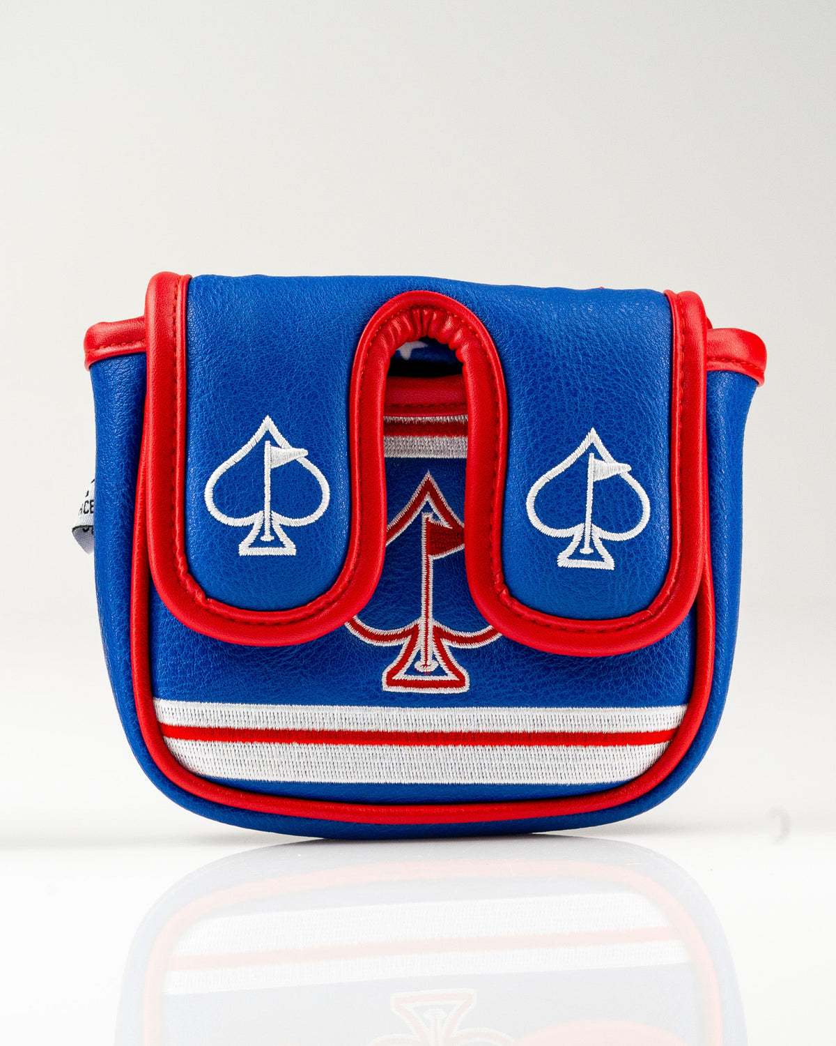 Bold blue and red USA Tribute 2.0 center shaft mallet putter cover featuring spade designs and striped accents.
