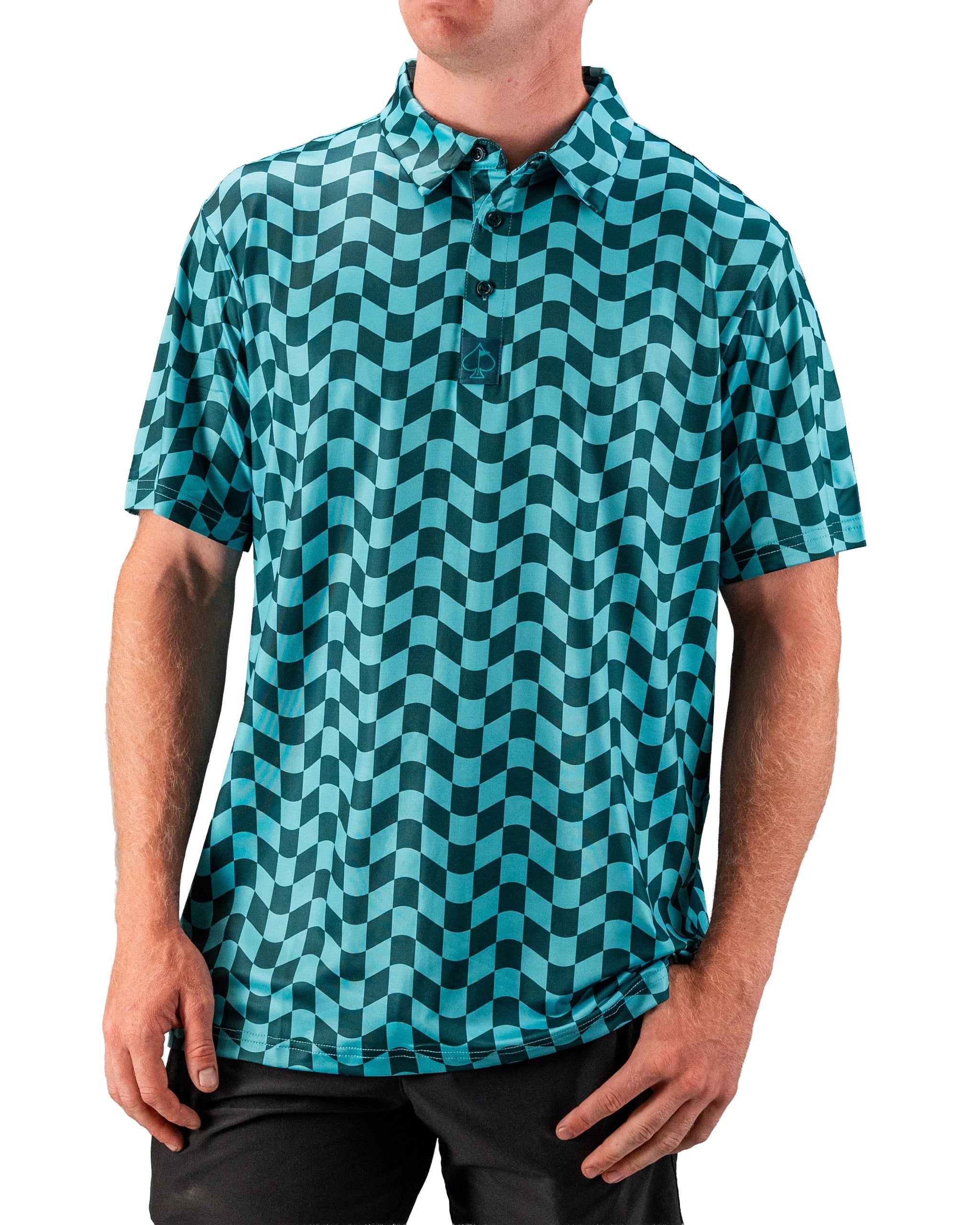 Men's short-sleeve golf polo featuring a bold wavy checkered pattern in teal and blue, designed for standout style on the course.