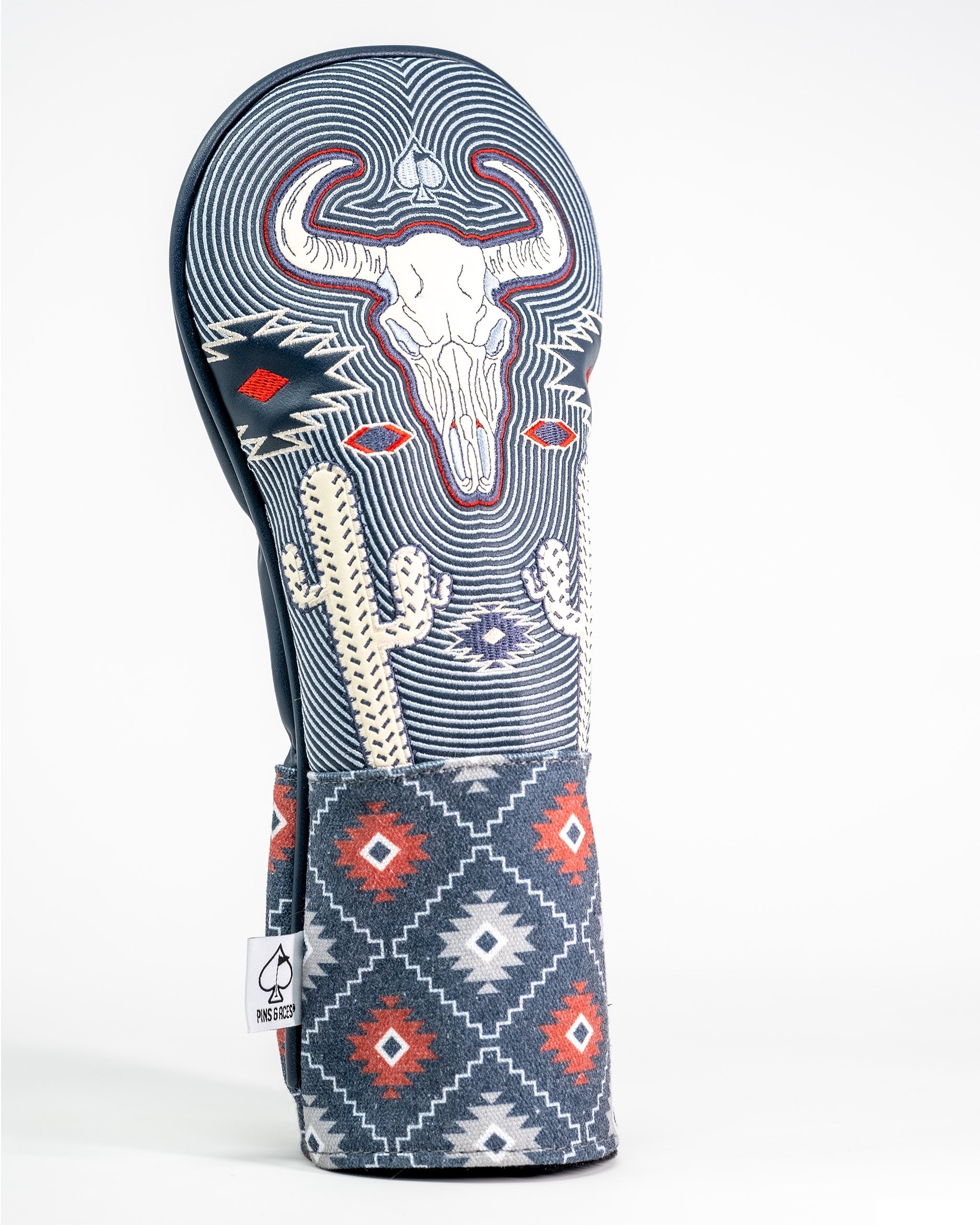 Western Aesthetic golf fairway cover featuring a southwestern-inspired design with a bull skull, cacti, and geometric patterns.