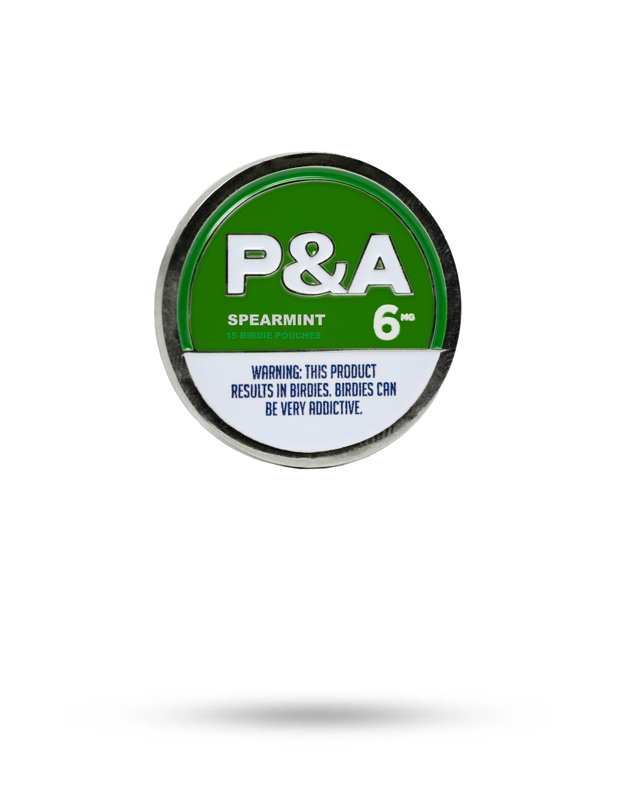 "6 Milly Spearmint Ball Marker with warning label about addiction and birdie results.