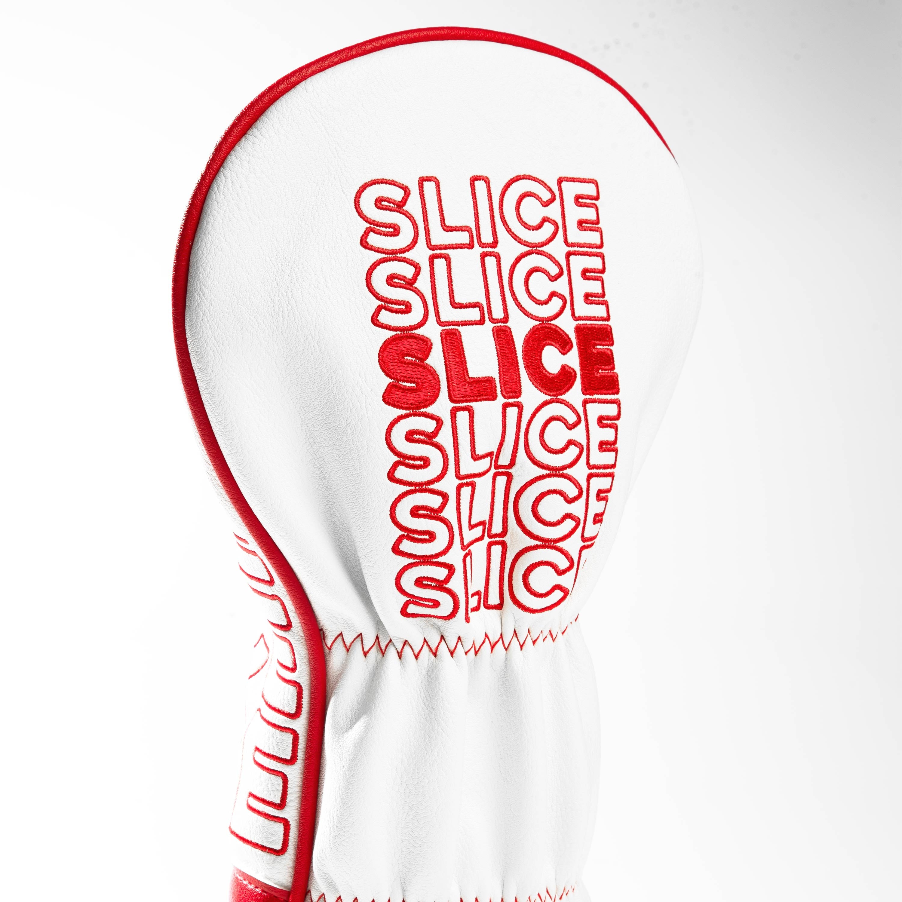 "Slice Driver Cover with wood accents in a sleek design, featured on a green golf course background."